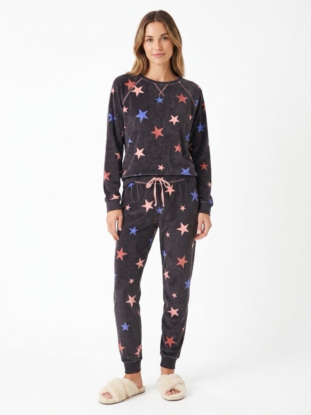 P.J. Salvage Star Print Velour Pajama Set Black Pink Size L